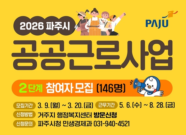 파주시가 오는 20일까지 2026년 2단계 공공근로사업 참여자 146명을 모집한다. 파주시 제공
