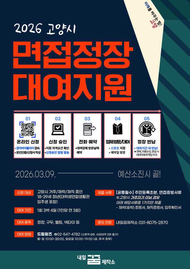 고양특례시가 지역 내 청년 구직자의 취업 준비 비용 부담을 줄이기 위한 ‘2026 면접정장 대여지원 사업’을 지난 9일부터 시작했다. 고양시 제공