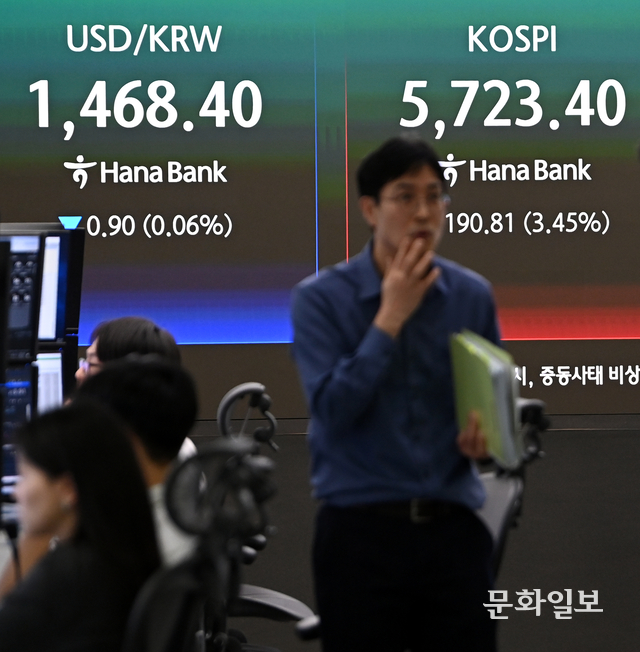 11일 오전 서울 중구 하나은행 딜링룸 전광판에 코스피와 원·달러 환율이 표시돼 있다.
박윤슬 기자