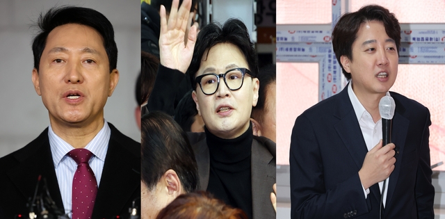(왼쪽부터) 오세훈 서울시장, 한동훈 전 국민의힘 대표, 이준석 개혁신당 대표. 연합뉴스 뉴시스