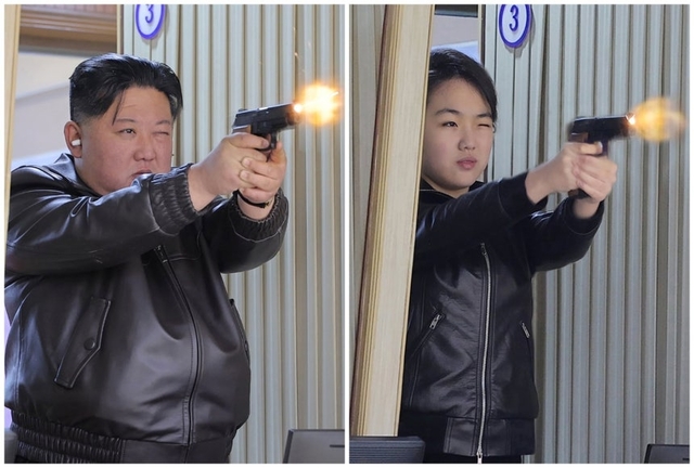 김정은 북한 국무위원장이 딸 주애와 함께 지난 11일 권총 등 휴대용 경량 무기를 생산하는 군수공장을 시찰하고 실내사격장에서 권총 사격을 하고 있는 모습. 조선중앙통신 연합뉴스