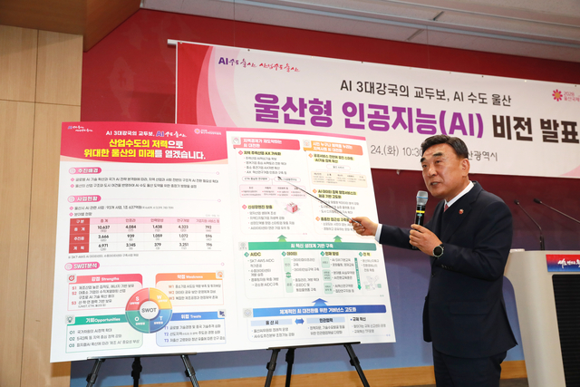 김두겸 울산시장이 울산시청 프레스센터에서 ‘울산형 인공지능(AI)비전 발표를 하고 있다. 울산시청 제공