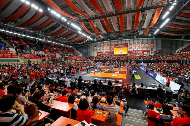 프로배구 V리그 남자부 OK저축은행은 부산으로 연고이전한 첫 시즌부터 주말 홈경기 100% 매진 등 V리그 14개 구단 중 유일한 평균 관중 3000명을 돌파했다. 사진은 진에어 2025∼2026 V리그를 보기 위해 부산 강서체육관을 찾은 부산 배구팬의 모습. OK저축은행 읏맨 프로배구단 제공