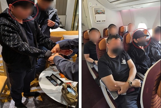 법무부 이민특조팀이 국제 마약조직에 대해 체포 절차를 집행하는 모습(왼쪽)과 태국 정부 호송단 5명이 검거된 마약 조직 총책을 이송하는 모습(오른쪽). 국가정보원 제공