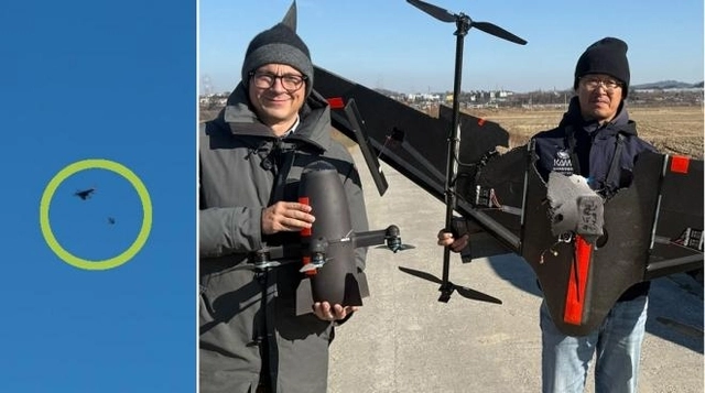 지난해 12월 충남 인근에서 이뤄진 실사격 시험에서 충돌형 요격드론 카이든이 표적에 접근하고 있다(왼쪽). 니어스랩 연구진과 L3해리스 관계자들이 카이든 비행 시험에 성공한 뒤 기념사진을 찍고 있다. 니어스랩  제공