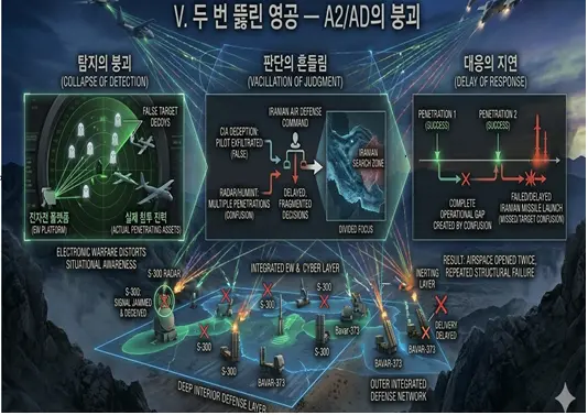 두 번 뚫린 영공. 이란 접근거부·지역거부(A2/AD)전략의 구조적 붕괴에 대한 상상도. 김태준 한반도안보문제연구소장 AI 그림