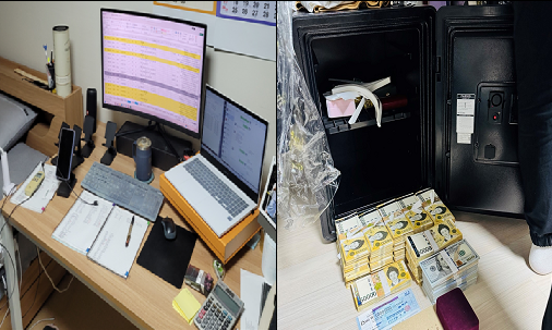 서울 마포경찰서는 10일 인터넷 포털 사이트를 통해 급전이 필요한 서민들을 상대로 1741회에 걸쳐 17억 원 상당을 대부한 일당 8명을 검거해 이 중 4명을 구속 송치했다고 밝혔다. 왼쪽 사진은 압수수색 현장에서 발견한 업무에 사용한 노트북, 휴대전화, 장부 등이며 오른쪽 사진은 범죄 일당이 금고에 보관하고 있던 현금 1억6000만 원이다. 마포경찰서 제공