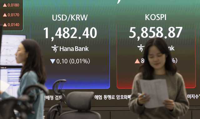 지난 10일 오후 서울 중구 하나은행 본점 딜링룸 모니터에 지수가 나오고 있다. 뉴시스