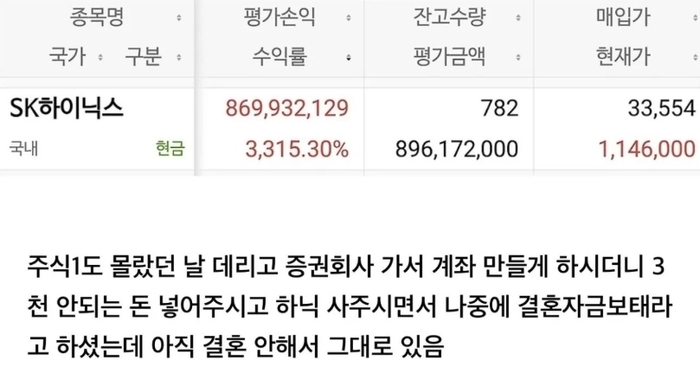“엄마가 10년전 사준 하닉 주식 3천에서 9억됐어요”