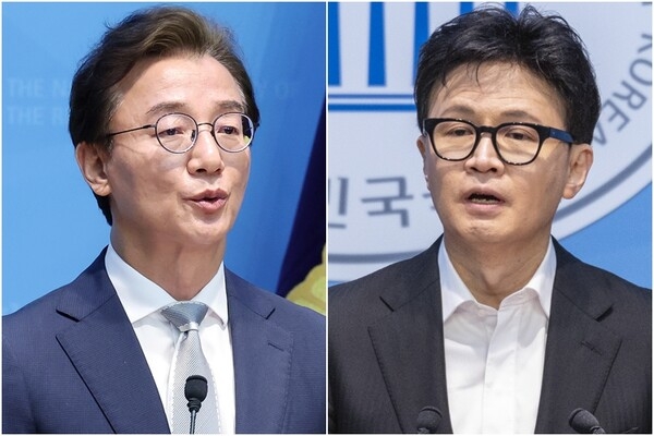 전재수(왼쪽) 더불어민주당 의원과 한동훈 전 국민의힘 대표. 연합뉴스