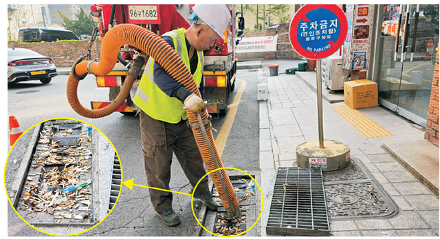 20일 서울 종로구 빗물받이 청소반이 종각역 근처에서 빗물받이를 청소하고 있다. 왼쪽 확대 사진은 담배꽁초로 가득 찬 빗물받이 내부 모습.