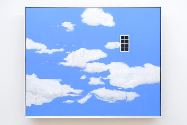하늘이 그려진 캔버스에 작은 ‘미니어처 창문’을 설치한 ‘비욘드 더 페인팅 17-14(Beyond the painting 17-14)’. 작가는 이 검은 창문을 통해 관객이 자신의 심연을 들여다볼 수 있도록 의도했다.