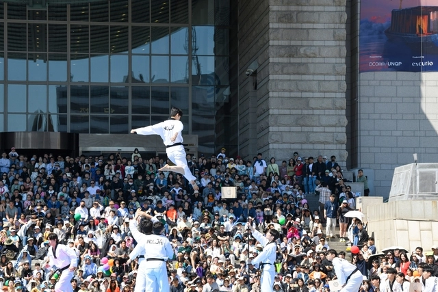 5일 서울 용산 전쟁기념관에서 태권도 시범단 놀자(NOLJA)가 격파 시범을 선보이고 있다. 전쟁기념사업회 제공