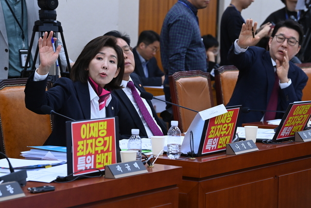 나경원(왼쪽)국민의힘 의원이 지난달 국회에서 열린 윤석열정권정치검찰조작기소의혹사건진상규명국정조사특별위원회의 종합청문회에서 위원장을 향해 의사진행 발언을 하고 있다.  곽성호 기자