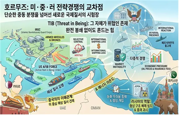 호르무즈 해협에서 펼쳐지는 미·중·러의 전략 경쟁에 대한 상상도. 김태준 한반도안보문제연구소장 AI 그림