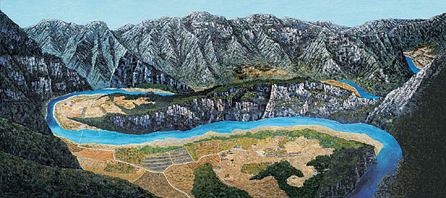 백중기 ‘동강-새미마을, 뼝대’, 240×555㎝, 캔버스에 아크릴, 2026.