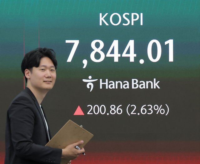 13일 오후 서울 중구 하나은행 딜링룸에서 딜러가 업무를 보고 있다. 연합뉴스