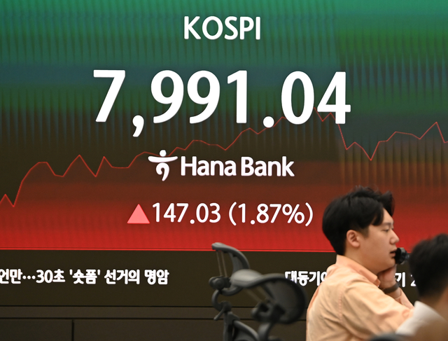 14일 오전 서울 중구 하나은행 본점 딜링룸 전광판에 코스피가 나오고 있다. 박윤슬 기자