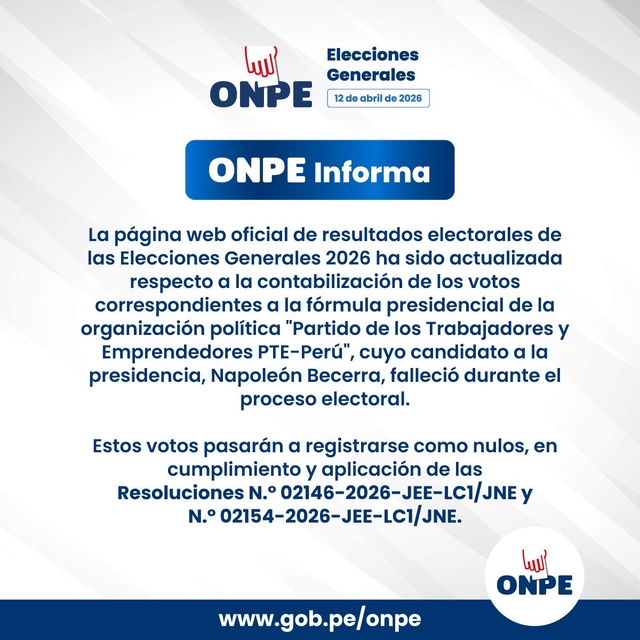 페루 국가선거절차사무국(ONPE)이 17일 대선 공식 개표 시스템에서 선거 기간 중 사망한 노동자·기업가당(PTE-Perú) 후보 나폴레온 베세라의 득표를 무효표로 전환한다고 공지하고 있다. ONPE 홈페이지 캡처