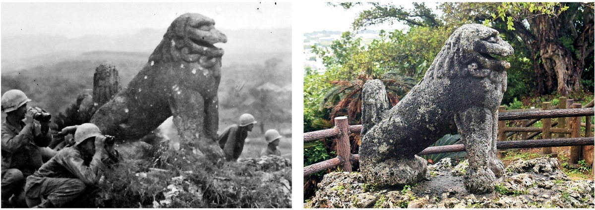 왼쪽 사진은 1945년 오키나와 전투 당시 돌사자(시사) 상. 오른쪽은 전쟁 때 모습에서 전혀 달라지지 않은 도모리(富盛) 돌사자 상.