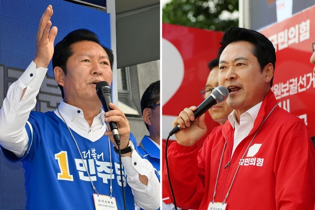 정청래 더불어민주당 총괄상임선거대책위원장과 장동혁 국민의힘 상임선거대책위원장이 지난달 24일 각각 전남지역과 인천지역에서 유세 활동을 이어갔다. 사진은 정청래 위원장이 전남 담양시장에서, 장동혁 위원장이 인천 연수 옥련시장에서 유세를 하는 모습. 뉴시스