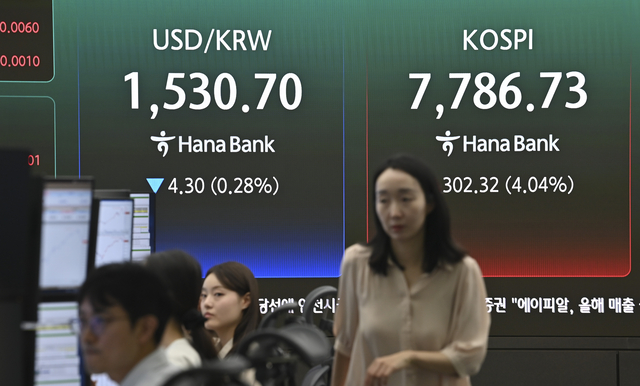 전날 8% 넘게 급락했던 코스피가 반등한 9일 오전 서울 중구 하나은행 본점 딜링룸에서 직원들이 업무를 보고 있다. 백동현 기자 