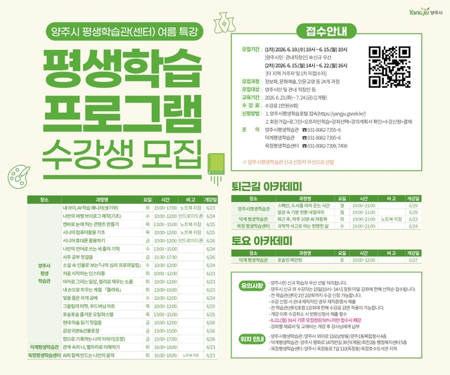 양주시는 시민들의 자기 계발과 여가 활용을 돕기 위해 ‘2026년 평생학습관 여름특강’ 수강생을 모집한다. 양주시 제공
