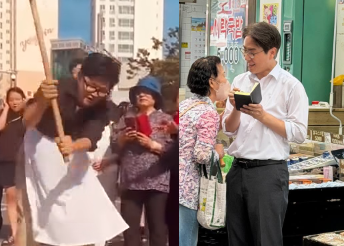 앞치마 두르고 떡메치기 나선 한동훈, 다시 구포시장 찾은 하정우