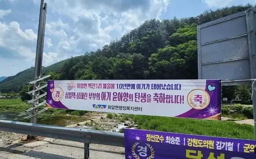 지역 사회가 아기의 탄생을 축하하며 내건 현수막들. 정선군 제공
