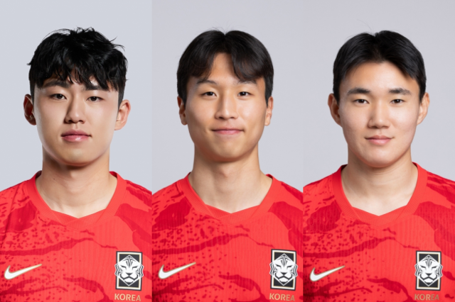 이민성 23세 이하 축구대표팀 감독은 2026 아이치·나고야 아시안게임에 나설 대표팀 명단에 이기혁(왼쪽부터)과 엄지성, 양현준을 와일드타드로 선발했다. 대한축구협회 제공