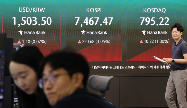 코스피가 이틀 연속 급락을 딛고 반등한 9일 서울 중구 하나은행 본점 딜링룸 현황판에 코스피와 코스닥, 원/달러 환율이 표시되고 있다. 연합뉴스
