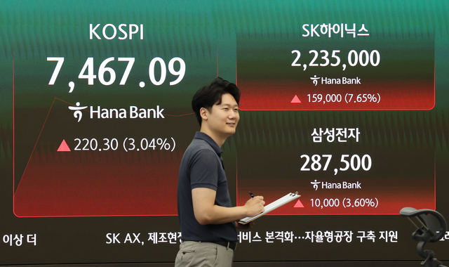 9일 오전 서울 중구 하나은행 본점 딜링룸 현황판에 코스피 지수와 SK하이닉스, 삼성전자의 주가가 표시돼 있다. 연합뉴스
