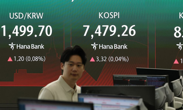 13일 서울 중구 하나은행 본점 딜링룸에서 직원들이 업무를 보고 있다.  연합뉴스