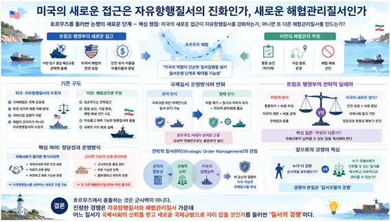 미국의 새로운 접근은 자유항행질서의 진화인가 새로운 해협관리질서인가. 미국의 새로운 접근에 대한 설명도. 김태준 한반도안보문제연구소장 AI 그림