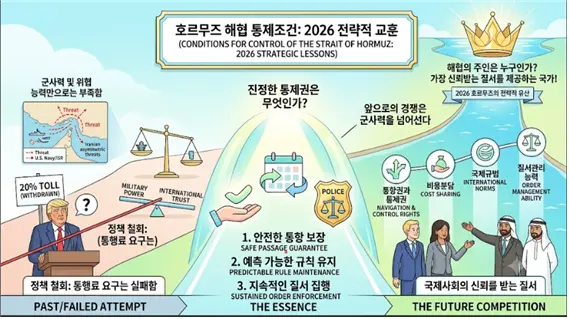 호르무즈 해협 통제조건에 대한 설명도. 김태준 한반도안보문제연구소장 AI 그림