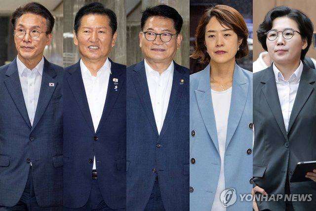 김민석(왼쪽부터)·정청래·송영길·고민정·김보미 예비후보. 연합뉴스