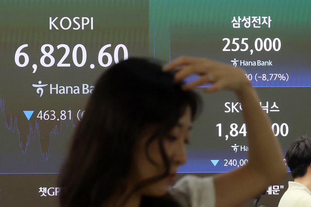 지난 16일 서울 중구 하나은행 딜링룸 전광판에 코스피 지수와 삼성전자, SK하이닉스 주가가 표시돼 있다. 뉴시스