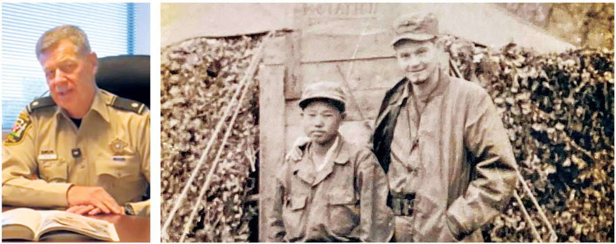 6·25 전쟁이 한창이던 1951년 겨울 미 해병대 종군기자로 참전한 고 로버트 H 모지어(오른쪽)와 부대보조원 한국인 소년 ‘킴(KIM)’이 부대 막사 앞에 서 있는 모습. 왼쪽 작은 사진은 KIM 찾기에 나선 아들 로버트 P 모지어.
국가보훈부 제공