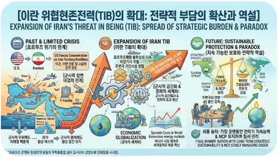 이란의 TIB가 호르무즈와 주변국으로 확대된 것에 대한 설명도. 김태준 한반도안보문제연구소장 AI 그림