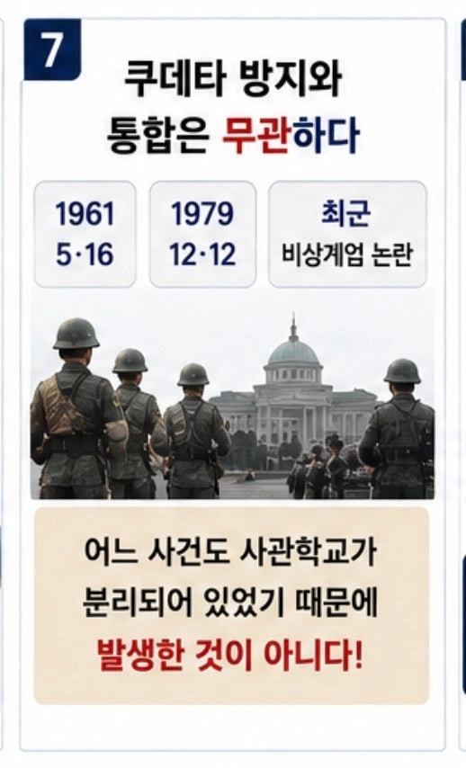 5·16, 12·12, 12·3 비상계엄 어느 사건도 사관학교가 분리왜 있었기 때문에 발생한 것이 아니다는 것에 대한 설명도. 조병설 예비역 대령 제공