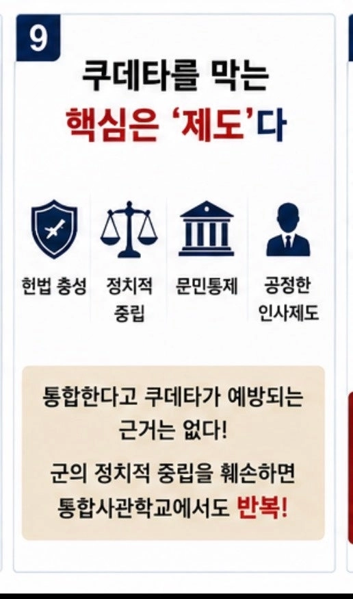 사관학교를 통합한다고 쿠데타가 예방되는 근거가 없다. 군의 정치적 중립을 훼손하면 통합사관학교에서도 반복된다는 설명도. 조병설 예비역 대령 제공