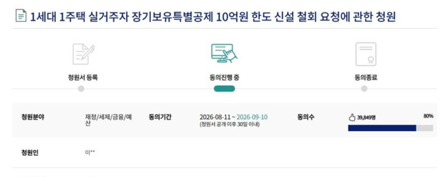 국회전자청원 홈페이지에 공개된 ‘1세대 1주택 실거주자 장기보유특별공제 10억원 한도 신설 철회 요청에 관한 청원’
