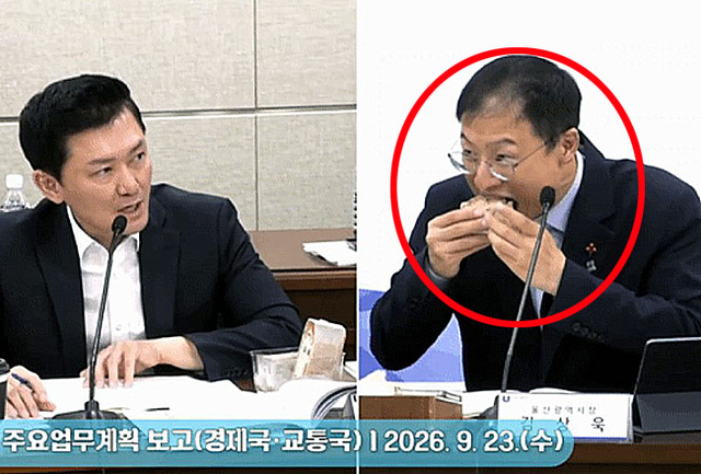 지난 23일 김상욱 울산시장이 샌드위치를 먹으며 회의를 하고 있는 모습. ‘울산시청TV’ 울산광역시 유튜브 채널
