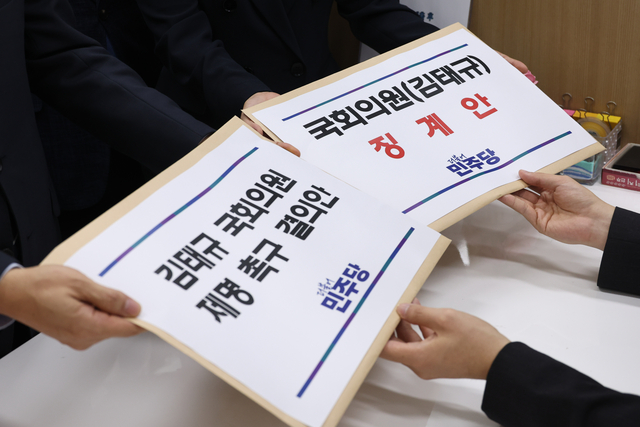 천준호 원내운영수석부대표를 비롯한 더불어민주당 의원들이 지난 1일 국회 의안과에서 김태규 국민의힘 의원 제명 촉구 결의안 및 징계안을 제출하고 있다. 뉴시스