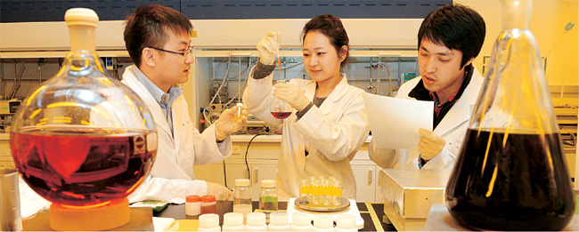 지난 21일 경기 성남시 분당구 삼평동 솔브레인 중앙연구소의 연구원들이 반도체, 디스플레이, 2차전지 등의 제조 과정에 필요한 화학 소재 개발 실험 결과를 놓고 토론을 벌이고 있다.