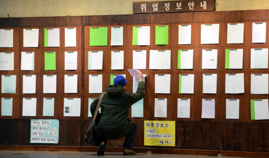 청년실업이 갈수록 악화하면서 20대 청년층의 경제고통이 가중되는 가운데 9일 오전 서울 광진구의 한 대학 취업 게시판 앞에서 학생이 취업 관련 정보를 살펴보고 있다.
