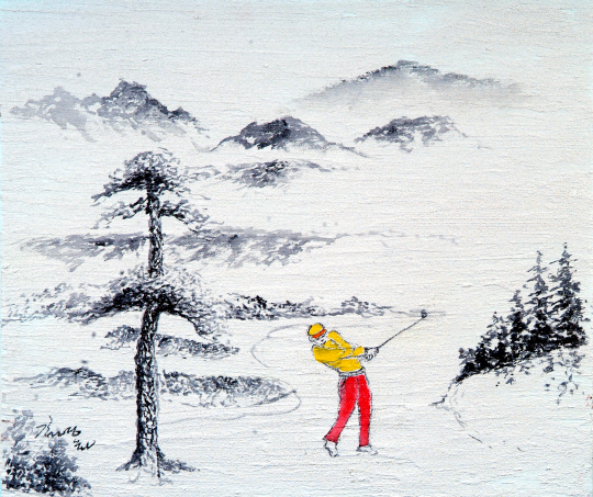 흰 눈이 쌓인 페어웨이에서 겨울의 낭만을 즐기고 있다. 2014년 작.  김영화 화백