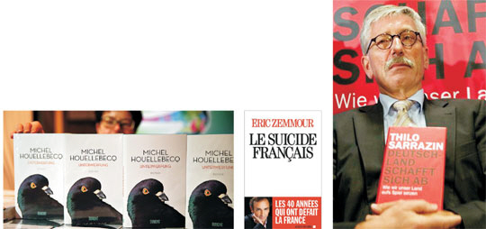 유럽의 이슬람화를 비판한 서적들이 프랑스와 독일 등에서 인기를 얻고 있다. 왼쪽 사진은 2022년 프랑스에서 이슬람 정권이 탄생되는 과정을 그린 미셸 우엘벡의 소설 ‘복종’의 독일어판이 지난 19일 제15회 쾰른문학페스티벌이 열리는 한 극장 로비에 전시돼있는 모습. 지난해 프랑스에서 출간된 에릭 제무르의 ‘프랑스의 자살’(가운데 사진)도 논란 속에 베스트셀러가 됐다. 오른쪽 사진은 지난 2010년 ‘자신의 모습으로부터 멀어져가고 있는 독일’을 들고 있는 저자 틸로 사라진.