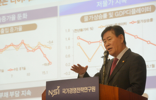 최경환 부총리 겸 기획재정부 장관이 4일 오전 서울 중구 명동 은행회관에서 열린 국가경영전략연구원 수요정책포럼에서 ‘2015년 한국 경제의 진로’를 주제로 강연하고 있다.