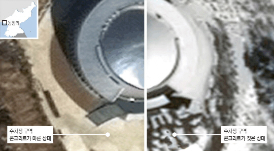 미국의 북한전문 웹사이트인 38노스가 10일 공개한 북한 평안북도 동창리 미사일 발사장의 돔형 건물. 지난 2월 26일 촬영한 인공위성 사진으로 새로 건축한 돔형 건물 주변에 주차장을 만들기 위해 콘크리트 작업이 진행 중이다. 왼쪽은 콘크리트가 마른 상태이고, 오른쪽은 마르기 전의 콘크리트 사진이다.   38노스웹사이트 캡처
